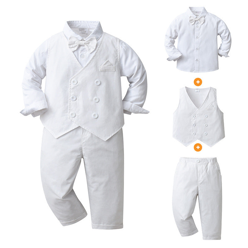 Camisa con moño, chaleco y pantalón blanco