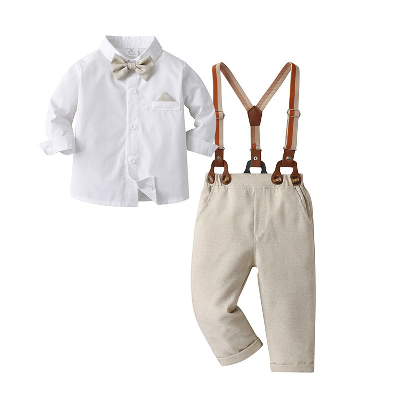 Camisa blanca con moño y pantalón crema  con tirante
