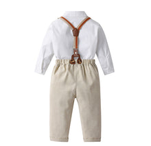 Carregar imagem no visualizador da galeria, Camisa blanca con moño y pantalón crema  con tirante
