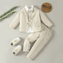 Cargar imagen en el visor de la galería, Camisa blanca con blazer, chaleco,moño y pantalón crema
