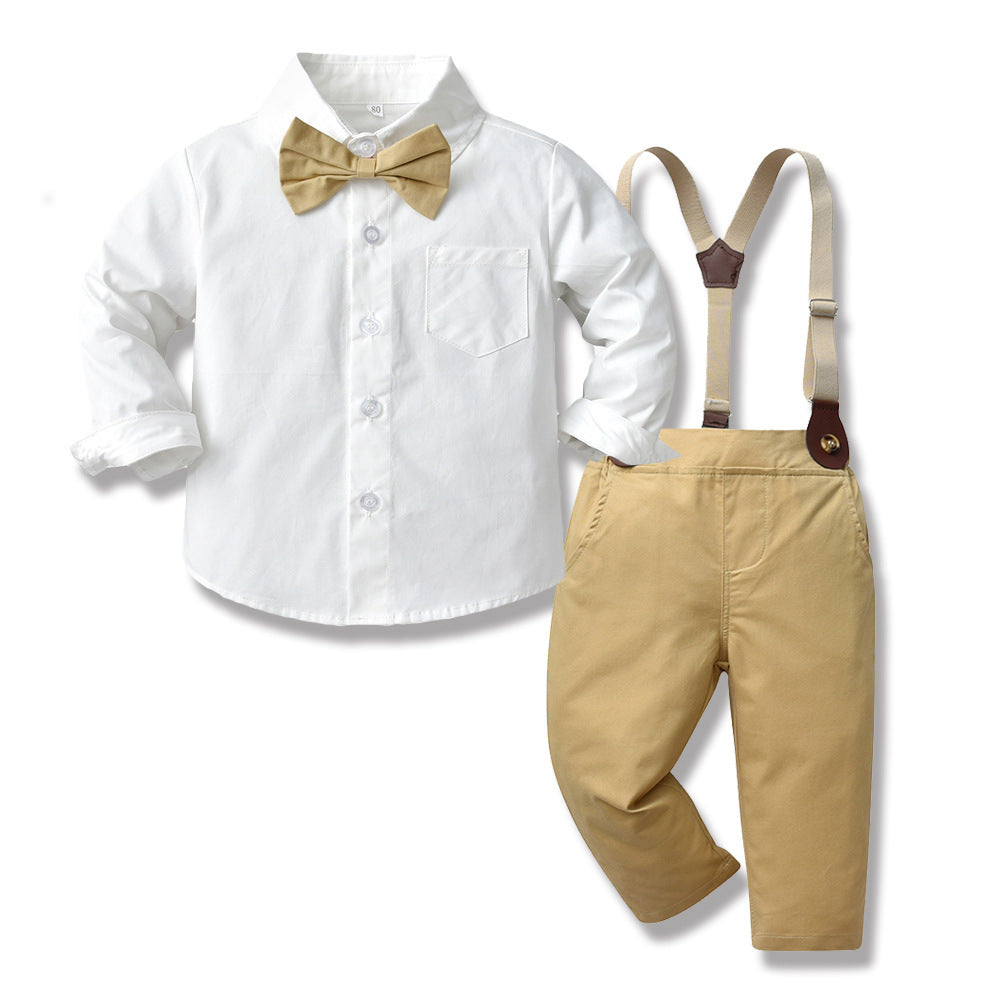 Camisa blanca con moño y pantalón beige con tirante