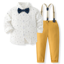 Carregar imagem no visualizador da galeria, Camisa blanca con estampas, moño azul marino y pantalón mostaza con tirante
