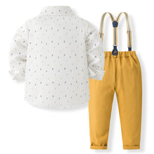 Carregar imagem no visualizador da galeria, Camisa blanca con estampas, moño azul marino y pantalón mostaza con tirante
