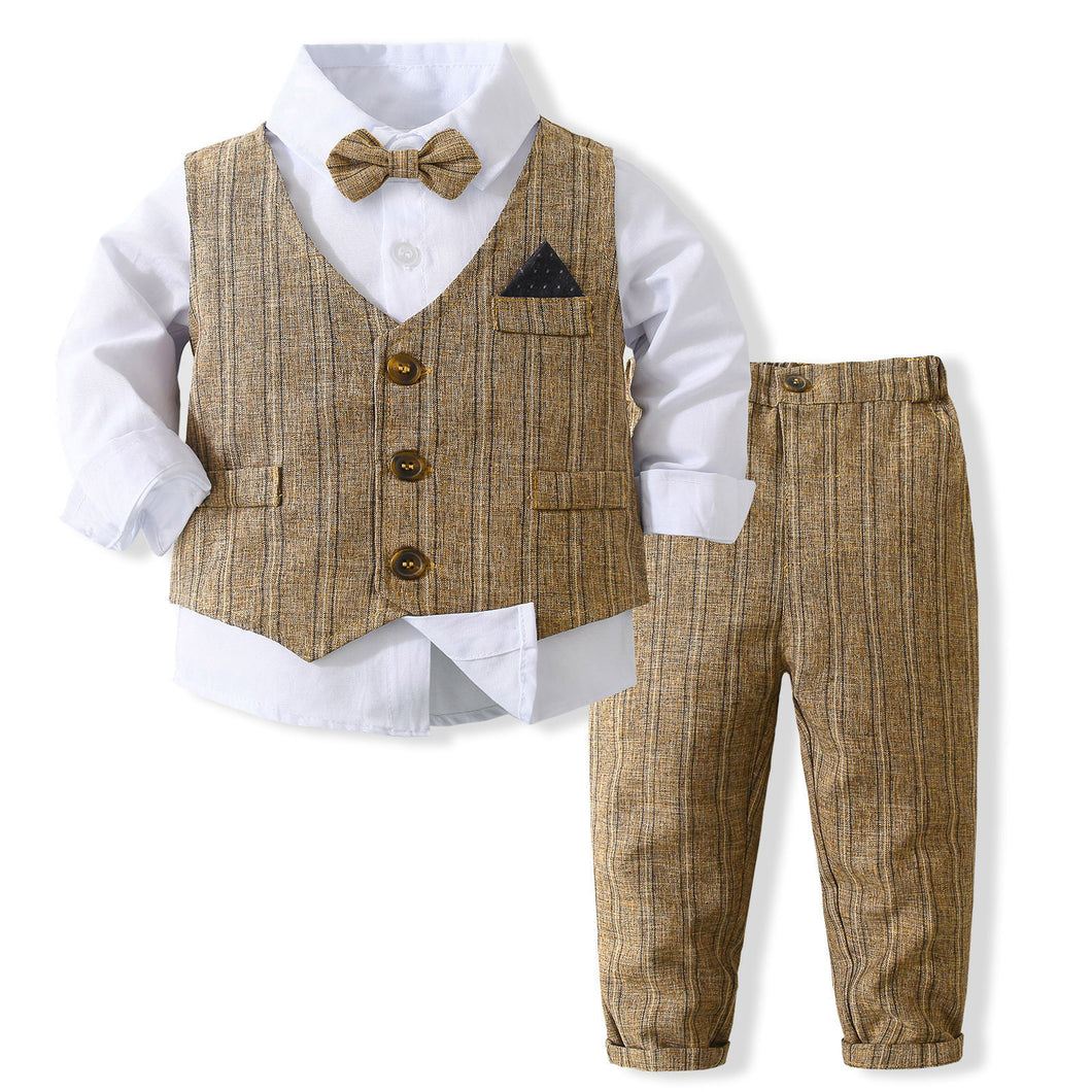 Camisa blanca con chaleco, moño y pantalón a rayas