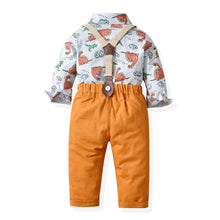 Carregar imagem no visualizador da galeria, Camisa con estampas de dino, moño y pantalón con tirante
