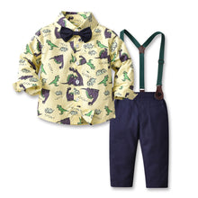 Carregar imagem no visualizador da galeria, Camisa con estampas de dino, moño y pantalón con tirante
