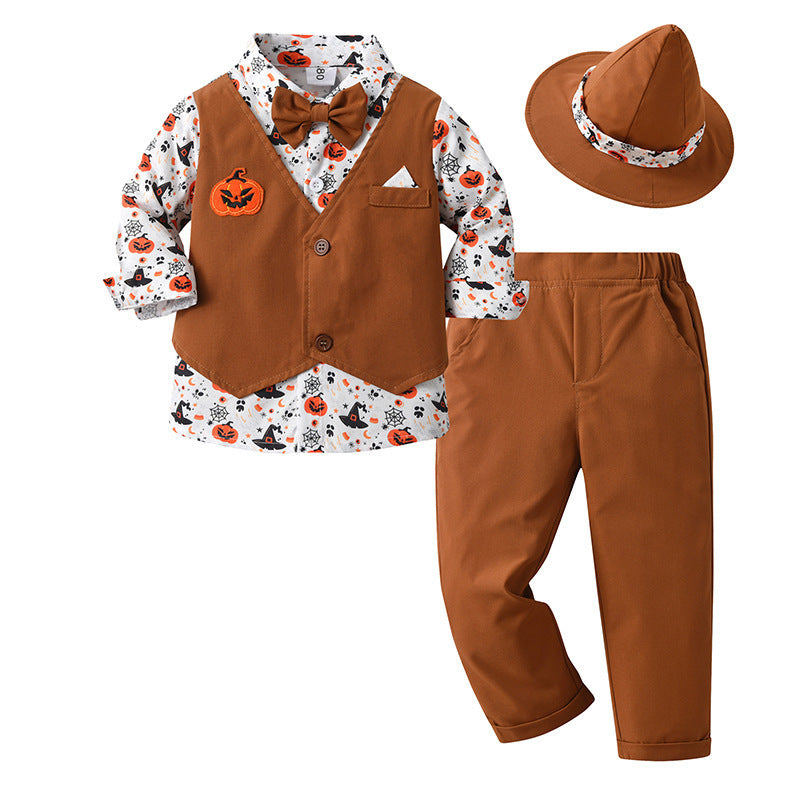 Camisa blanca con estampas de Halloween, falso chaleco, moño y pantalón con sombrero marrón