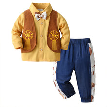 Cargar imagen en el visor de la galería, Camisa amarillo con moño y falso chaleco, pantalón azul estilo cowboy
