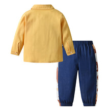 Cargar imagen en el visor de la galería, Camisa amarillo con moño y falso chaleco, pantalón azul estilo cowboy
