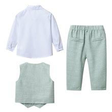 Carregar imagem no visualizador da galeria, Camisa blanca con moño, chaleco y pantalón gris celeste

