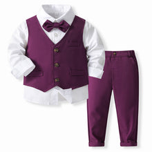 Cargar imagen en el visor de la galería, Camisa blanca con chaleco, moño y pantalón violeta
