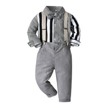 Carregar imagem no visualizador da galeria, Camisa a rayas blanco con negro, moño y pantalón gris con tirante
