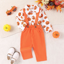 Carregar imagem no visualizador da galeria, Camisa blanca con estampas de calabaza y pantalón con tirantes naranja
