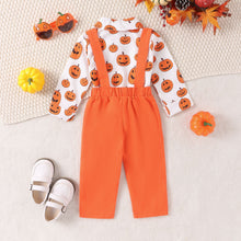 Carregar imagem no visualizador da galeria, Camisa blanca con estampas de calabaza y pantalón con tirantes naranja
