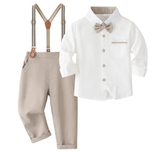 Carregar imagem no visualizador da galeria, Camisa blanca con moño y pantalón con tirante beige a rayas
