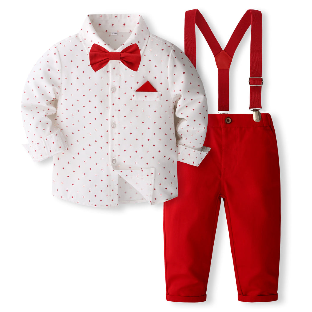 Camisa blanca con estampas, moño y pantalón con tirante rojo