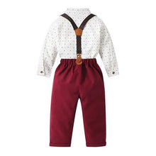 Carregar imagem no visualizador da galeria, Camisa blanca con estampas, moño y pantalón con tirante bordo
