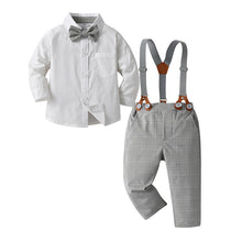 Carregar imagem no visualizador da galeria, Camisa blanca con moño y pantalón a cuadros con tirante gris
