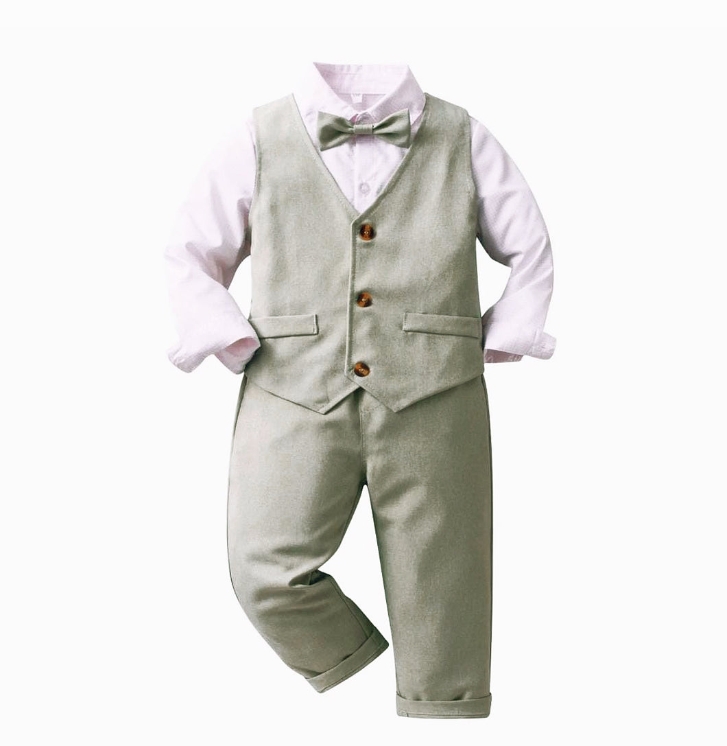 Camisa blanco con cuadrille rosa moño, chaleco y pantalón verde