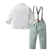 Carregar imagem no visualizador da galeria, Camisa blanco con moño y pantalón con tirante verde

