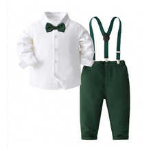 Carregar imagem no visualizador da galeria, Camisa blanca con moño y pantalón con tirante verde oscuro
