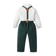 Carregar imagem no visualizador da galeria, Camisa blanca con estampas, moño y pantalón verde oscuro con tirante
