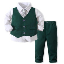 Carregar imagem no visualizador da galeria, Camisa blanca con corbata floreado y chaleco con pantalón verde oscuro
