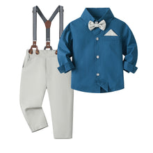 Carregar imagem no visualizador da galeria, Camisa turquesa con moño y pantalón gris con tirante
