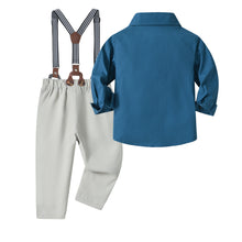 Carregar imagem no visualizador da galeria, Camisa turquesa con moño y pantalón gris con tirante
