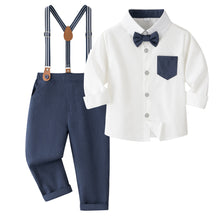 Carregar imagem no visualizador da galeria, Camisa blanca con moño y pantalón azul marino con tirante
