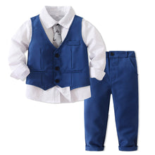 Carregar imagem no visualizador da galeria, Camisa blanca con corbata de autos y chaleco con pantalón azul
