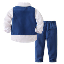 Carregar imagem no visualizador da galeria, Camisa blanca con corbata de autos y chaleco con pantalón azul
