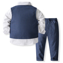 Carregar imagem no visualizador da galeria, Camisa blanca con moño, chaleco y pantalón azul marino cuadrille
