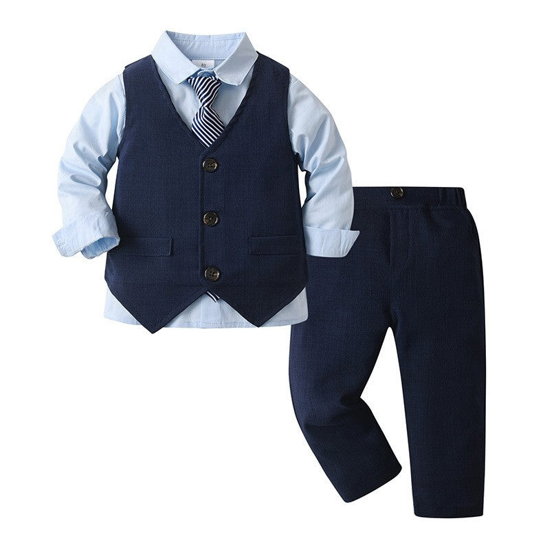 Camisa celeste con corbata, chaleco y pantalón azul marino