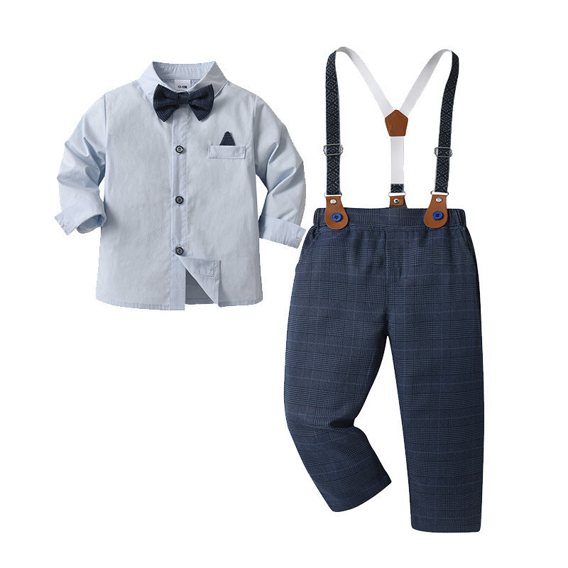 Camisa celeste con moño y pantalón azul marino cuadrille con tirante