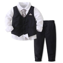 Carregar imagem no visualizador da galeria, Camisa blanca con corbata de dino,chaleco y pantalón negro
