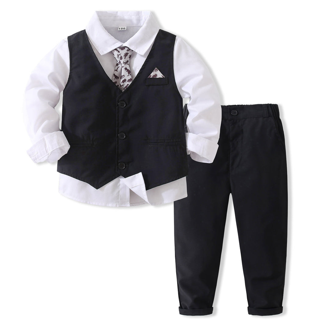 Camisa blanca con corbata de dino,chaleco y pantalón negro