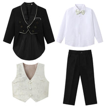 Carregar imagem no visualizador da galeria, Camisa blanca con moño y chaleco crema, blazer tipo smoking con pantalón negro
