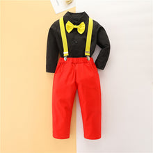 Carregar imagem no visualizador da galeria, Camisa negra, pantalón rojo y moño con tirante amarillo estilo Mickey
