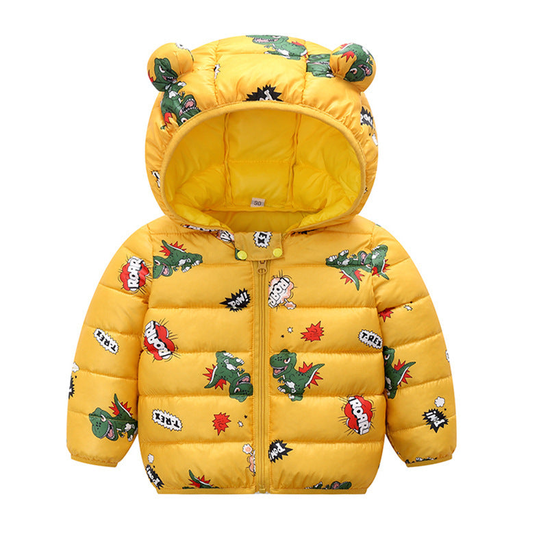 Campera de pluma con estampa de dino  y capucha con orejas