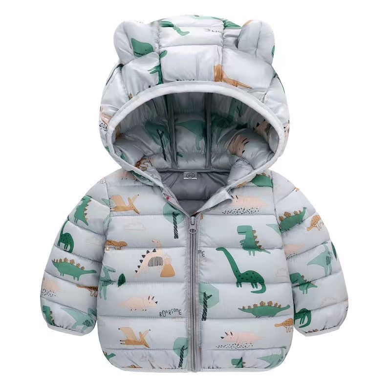 Campera de pluma con estampa de dino y capucha con orejas