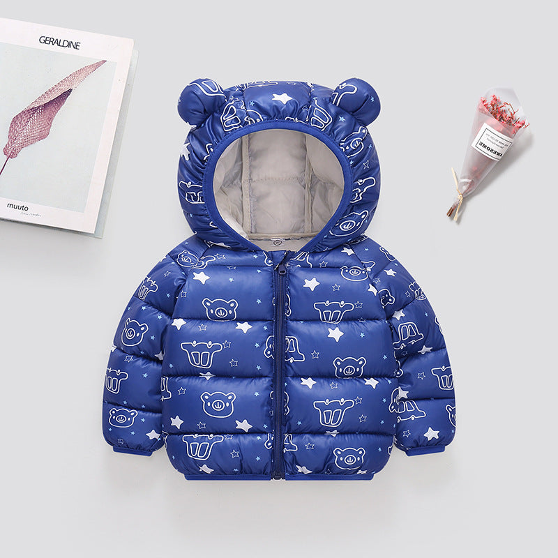 Campera de pluma azul con estampa varios y capucha con orejas