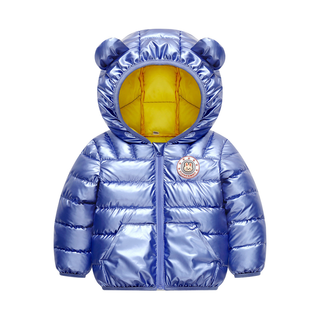 Campera de pluma metálico con capucha y orejas