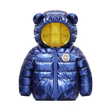 Carregar imagem no visualizador da galeria, Campera de pluma metálico con capucha y orejas
