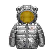 Carregar imagem no visualizador da galeria, Campera de pluma metálico con capucha y orejas
