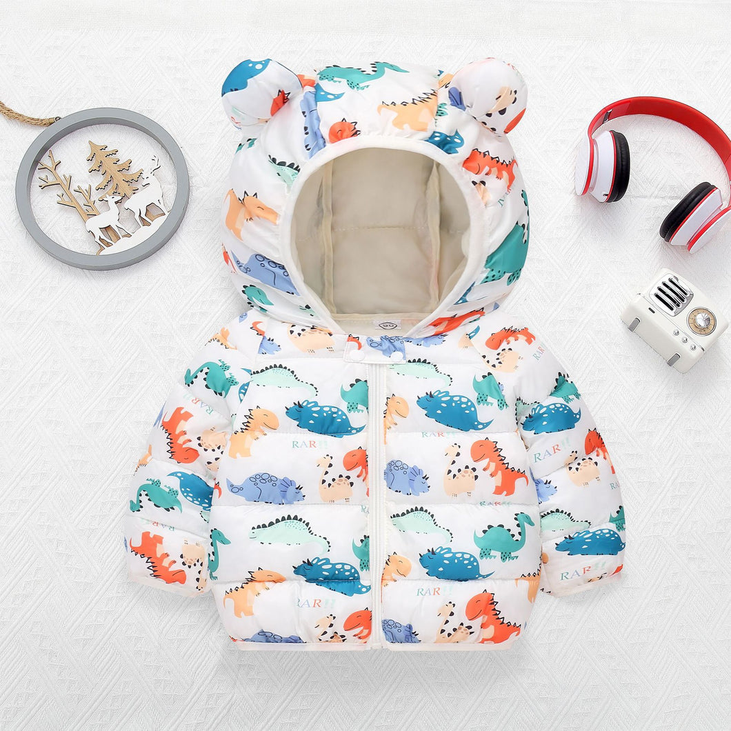 Campera de pluma blanca con estampas de dino y capucha con orejas