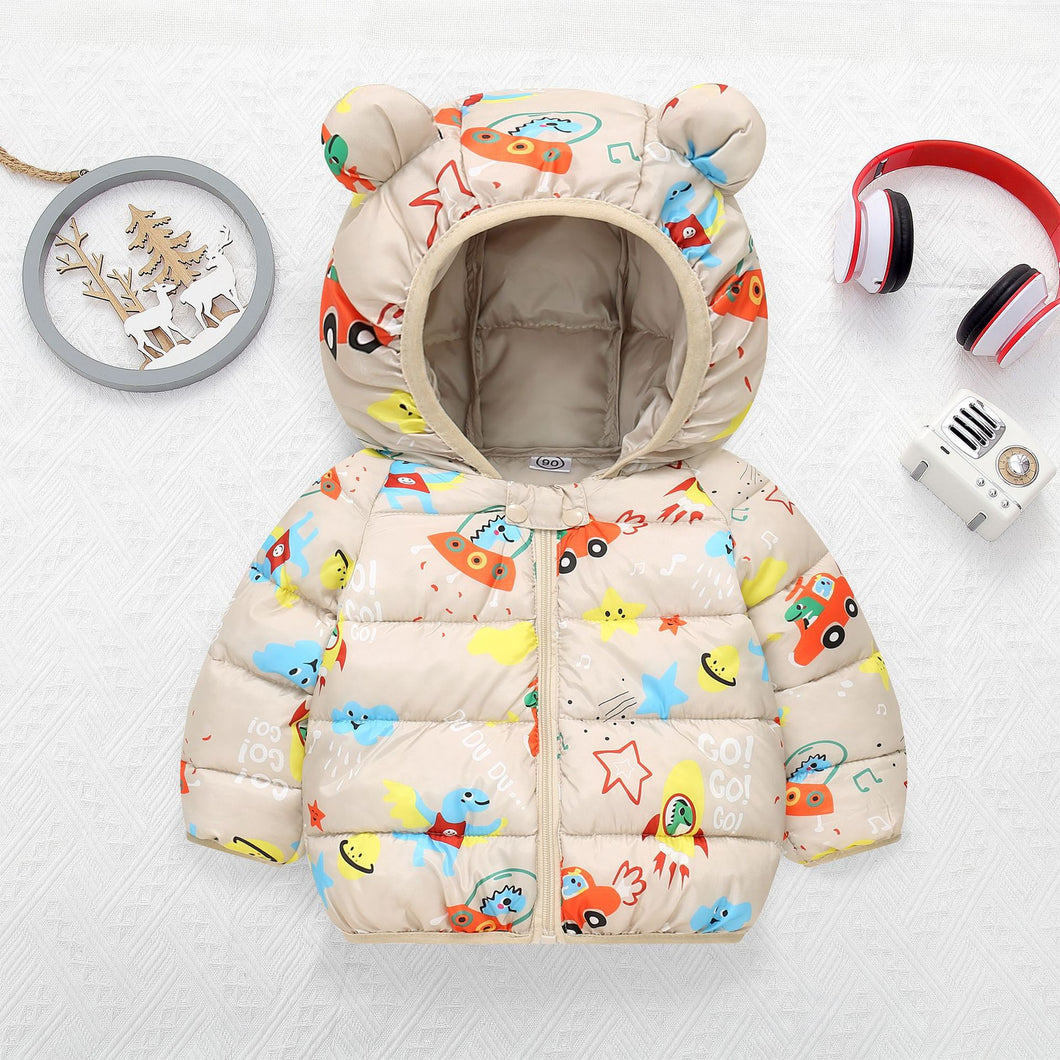 Campera de pluma beige con estampas de naves y capucha con orejas