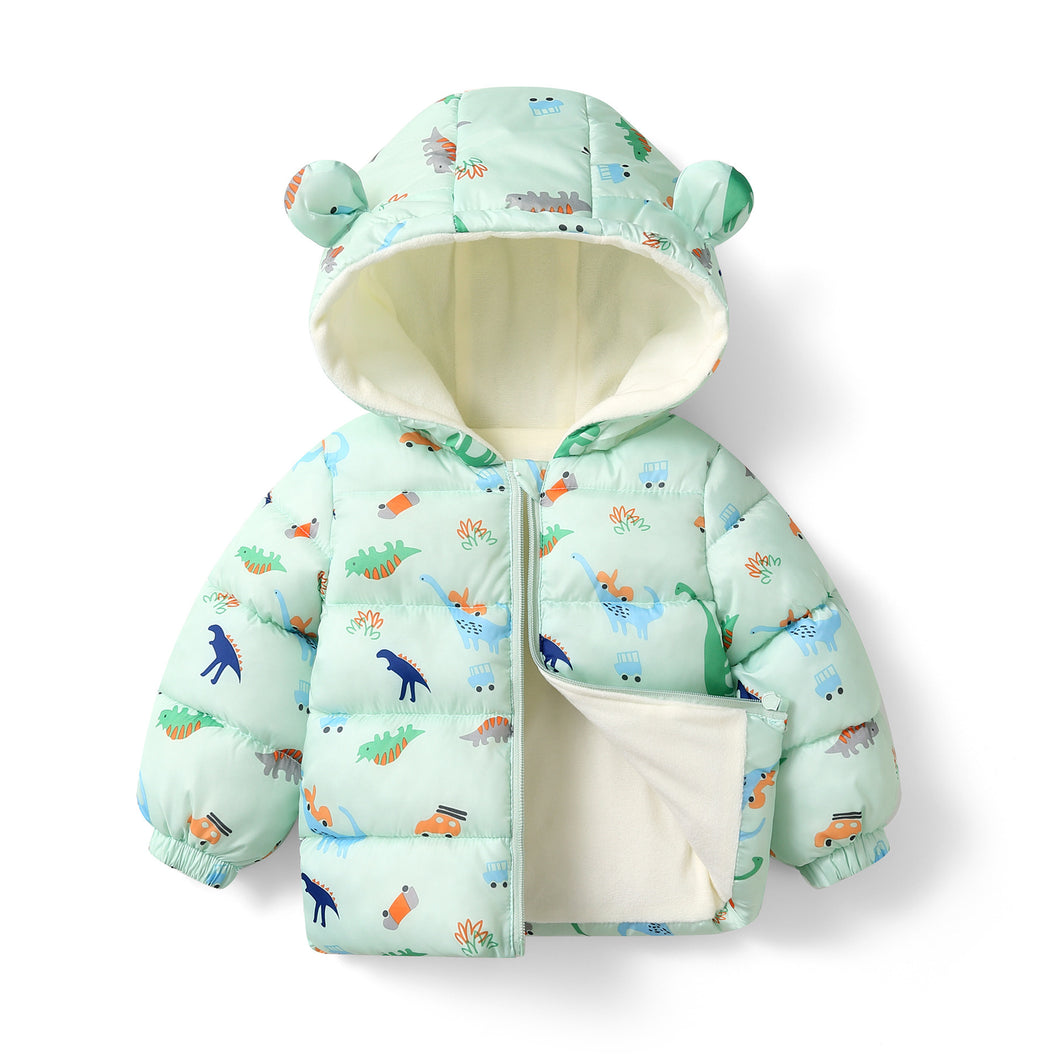 Campera verde agua de pluma con forro, estampas de dino y capucha con orejas