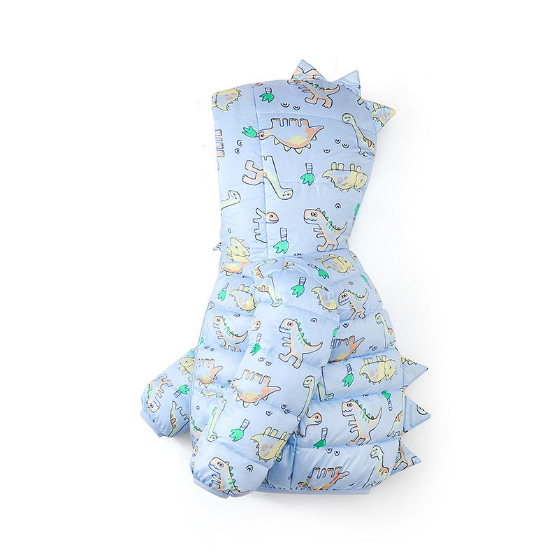 Campera de pluma celeste con estampas de dino y capucha