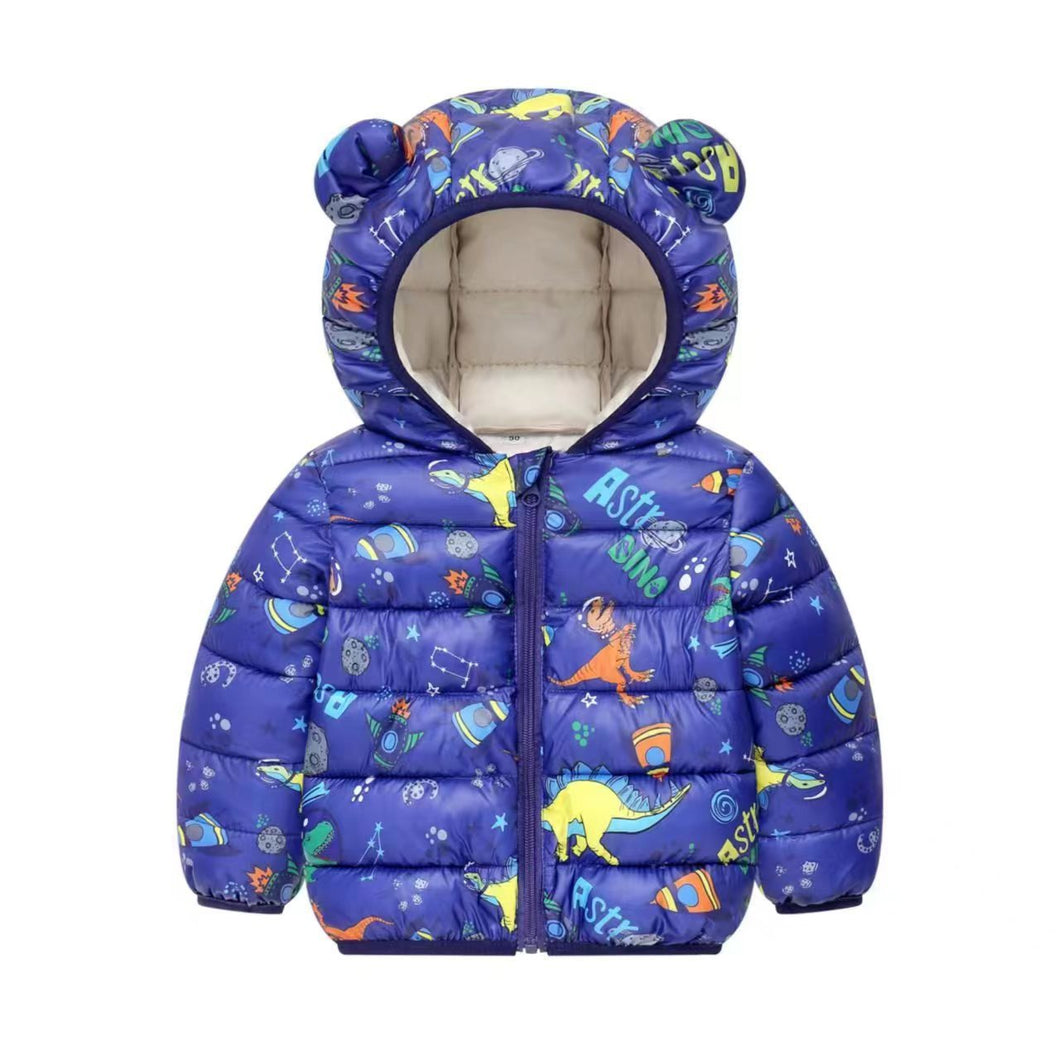 Campera de pluma azul con estampas varios y capucha con orejas